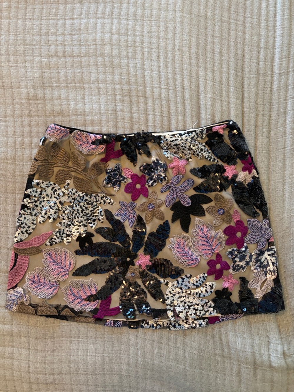 Vici Beige Mini Skirt with Black, Pink & Purple Floral Embroidery
